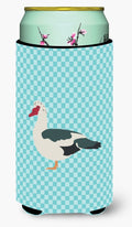 Muscovy Duck Blue Check Tall Boy Hugger Can Cooler Sleeve Machine Washable Drink Collapsible Insulator Beverage Insulated Holder