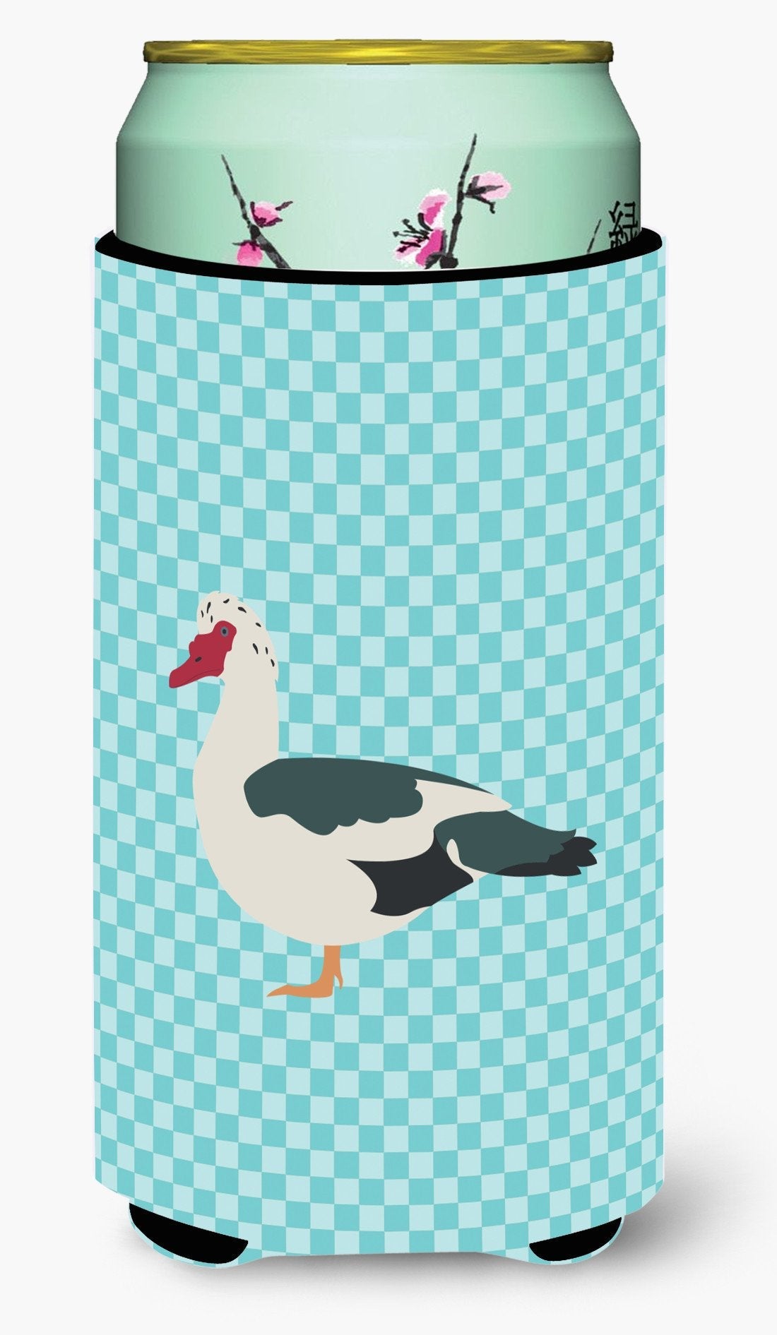 Muscovy Duck Blue Check Tall Boy Hugger Can Cooler Sleeve Machine Washable Drink Collapsible Insulator Beverage Insulated Holder