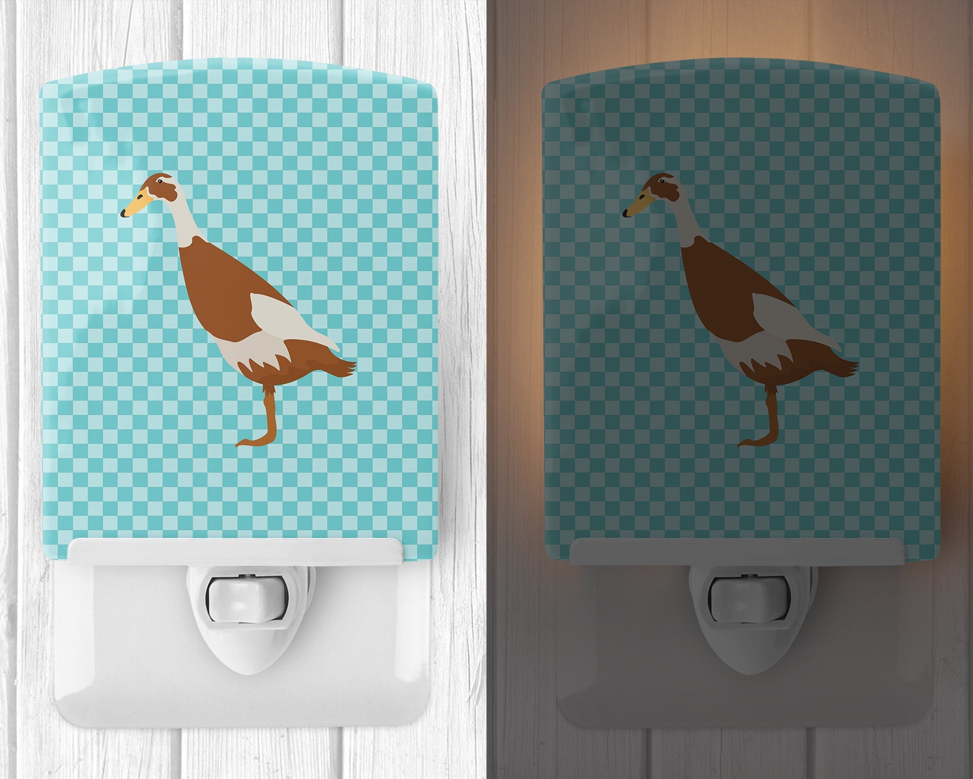 Indian Runner Duck Blue Check Ceramic Night Light Compact, UL-Certified, Ideal for Bedroom, Bathroom, Nursery, Hallway, Kitchen, 6x4x3, Multicolor