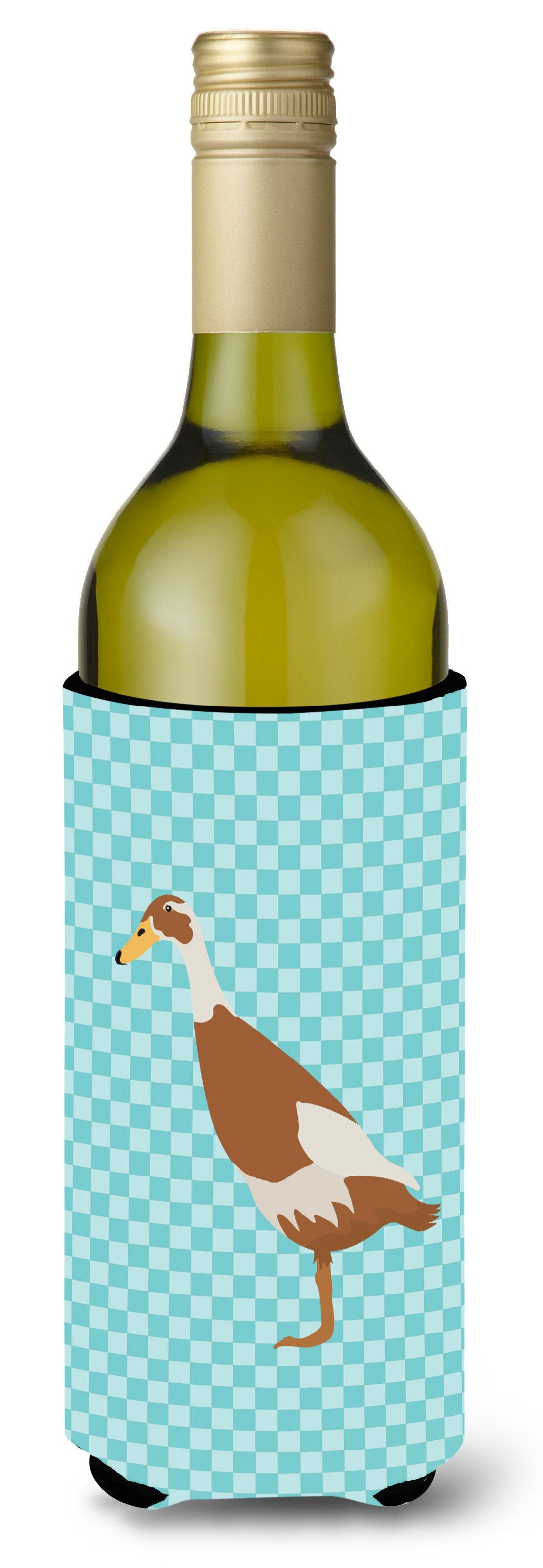 Indian Runner Duck Blue Check Wine Bottle Hugger Gift Sleeve for Standard 750 ml Bottles, Insulated Reusable Also Fits Mini Shot & Pint Bottles