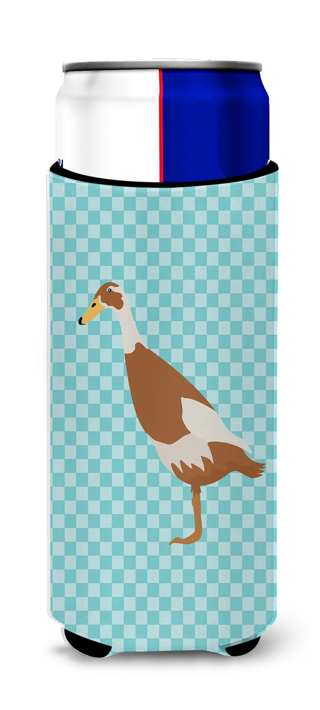 Indian Runner Duck Blue Check Slim Can Hugger , Insulated Foam Hugger for 12 oz Slim Cans, Beer Bottles & Water Bottles, Printed in USA
