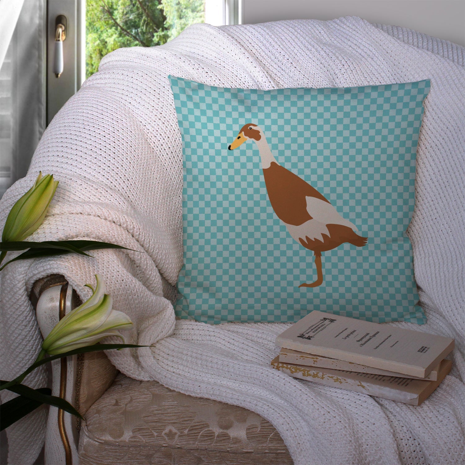 Indian Runner Duck Blue Check Decorative Throw Pillow 14x14 Indoor Outdoor Accent Cushion, Fabric Cover with Insert for Sofa, Bed, Porch & Living Room