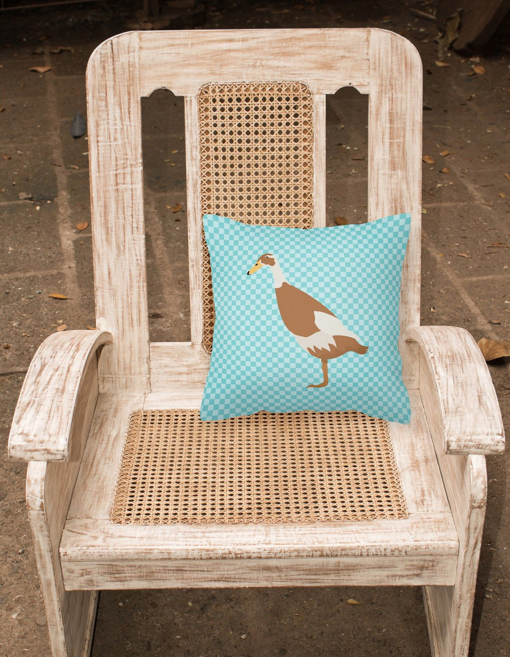 Indian Runner Duck Blue Check Decorative Throw Pillow 18x18 Indoor Outdoor Accent Cushion, Fabric Cover with Insert for Sofa, Bed, Porch & Living Room