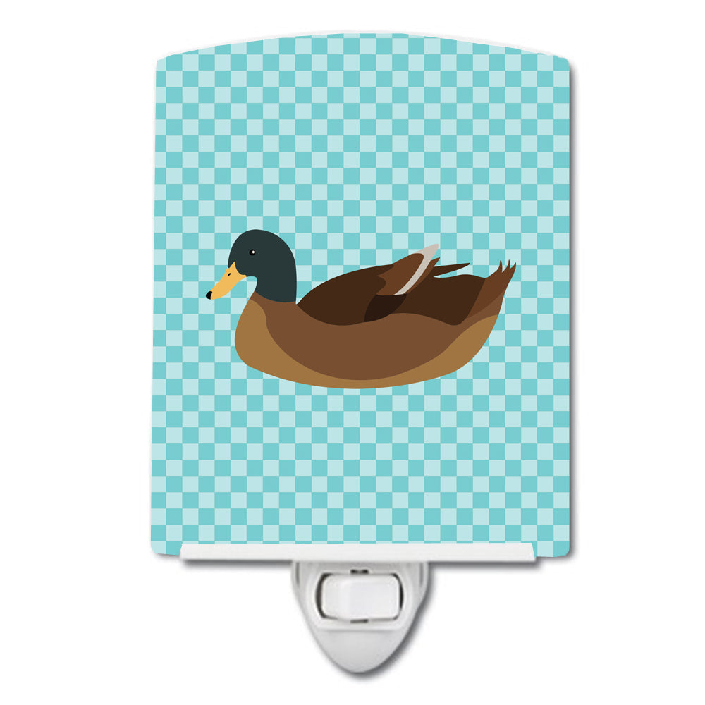 Khaki Campbell Duck Blue Check Ceramic Night Light Compact, UL-Certified, Ideal for Bedroom, Bathroom, Nursery, Hallway, Kitchen, 6x4x3, Multicolor