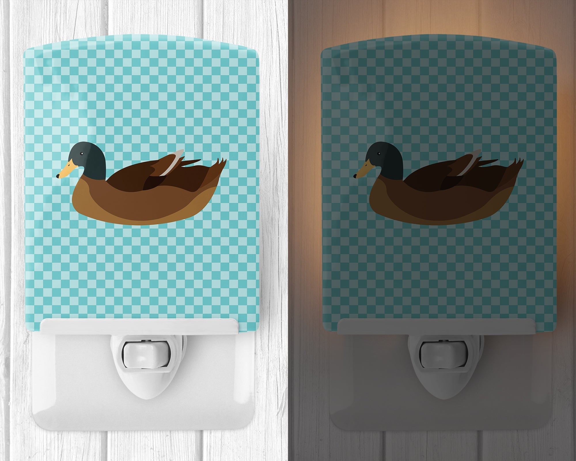 Khaki Campbell Duck Blue Check Ceramic Night Light Compact, UL-Certified, Ideal for Bedroom, Bathroom, Nursery, Hallway, Kitchen, 6x4x3, Multicolor
