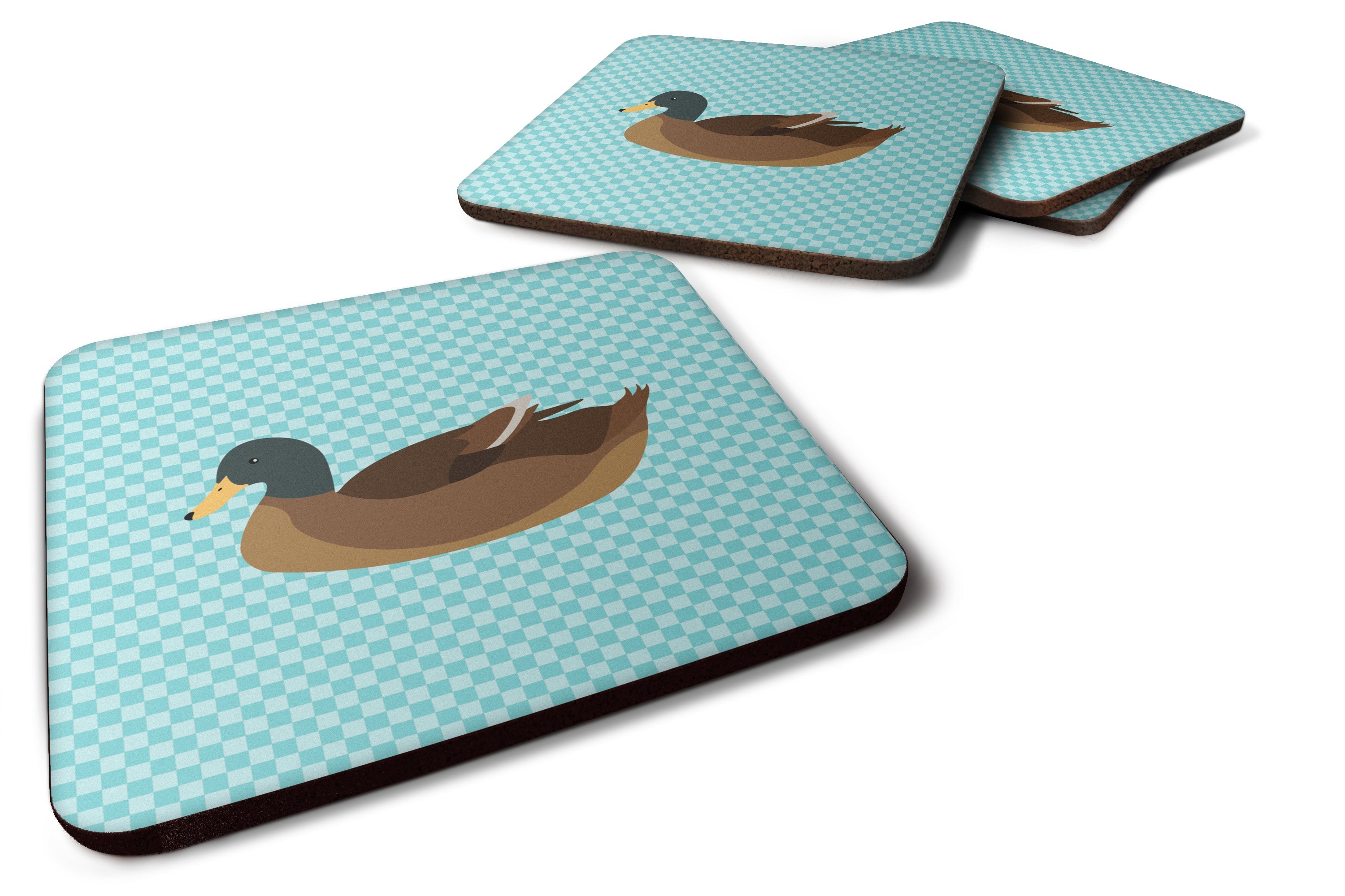 Khaki Campbell Duck Blue Check Foam Coasters Set of 4 Cup Coasters for Indoor Outdoor, Tabletop Protection, Anti Slip, Mouse pad Material