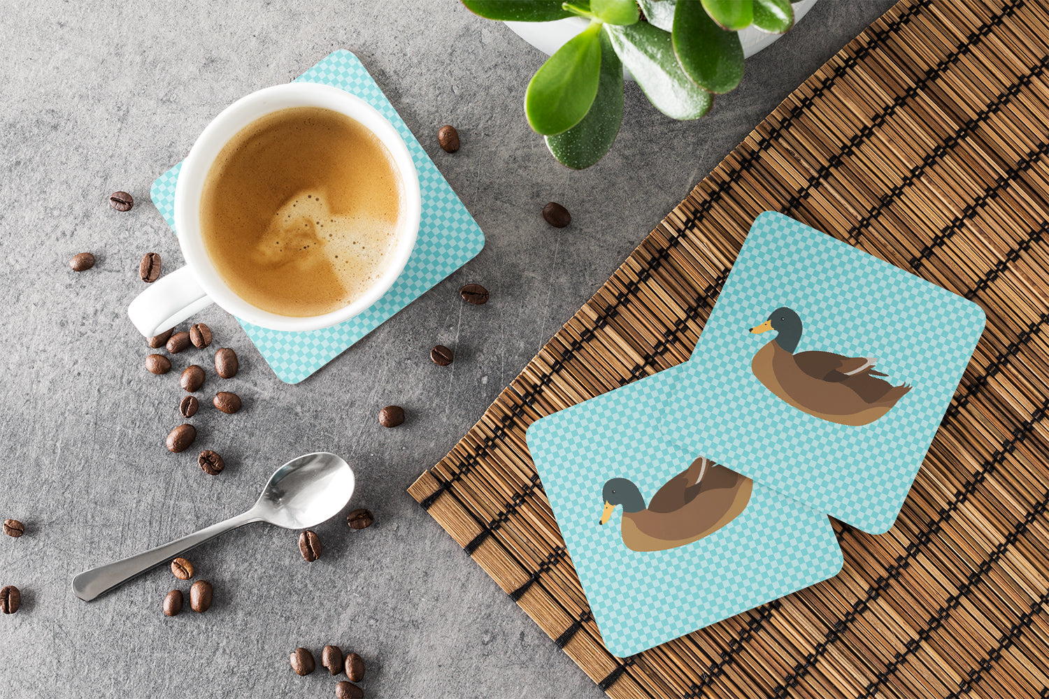 Khaki Campbell Duck Blue Check Foam Coasters Set of 4 Cup Coasters for Indoor Outdoor, Tabletop Protection, Anti Slip, Mouse pad Material