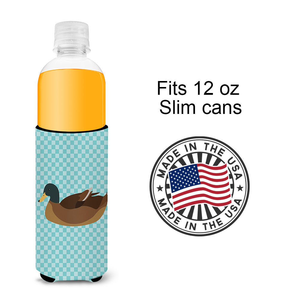 Khaki Campbell Duck Blue Check Slim Can Hugger , Insulated Foam Hugger for 12 oz Slim Cans, Beer Bottles & Water Bottles, Printed in USA