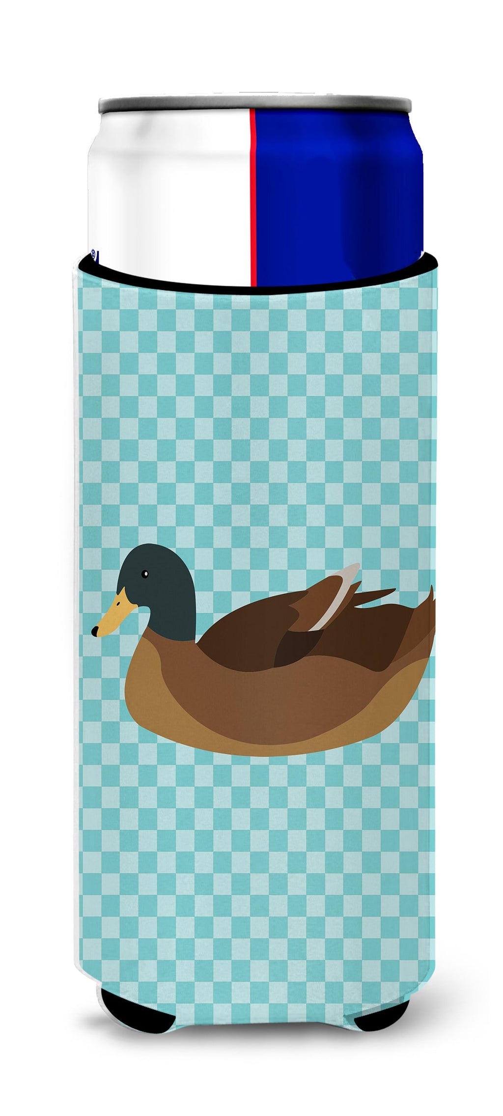 Khaki Campbell Duck Blue Check Slim Can Hugger , Insulated Foam Hugger for 12 oz Slim Cans, Beer Bottles & Water Bottles, Printed in USA