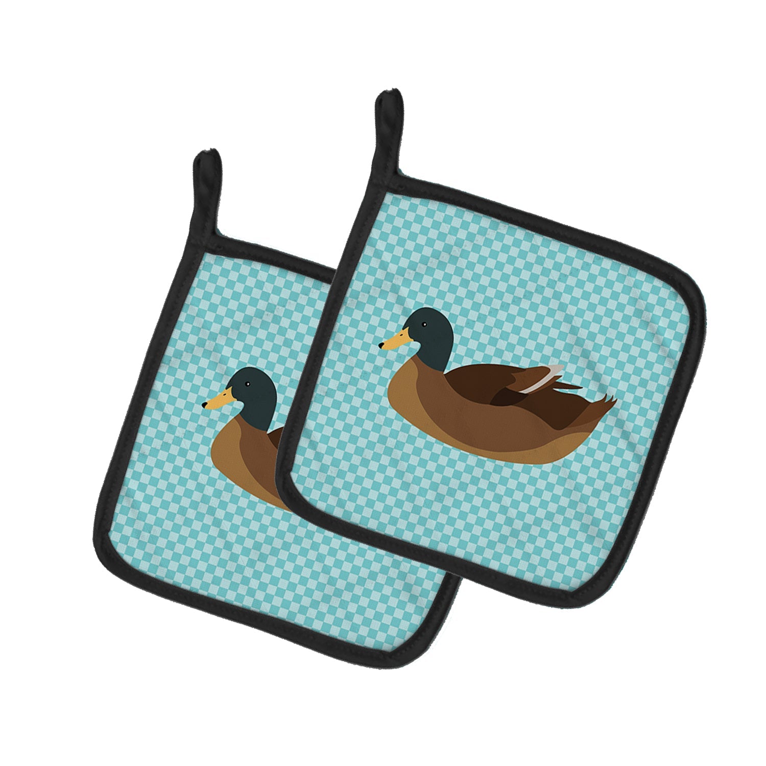 Khaki Campbell Duck Blue Check Pot Holder Set of 2 Heat Resistant Quilted Hot Pads 7.5 x 7.5 Inch, Insulated Kitchen Trivets for Cooking & Baking