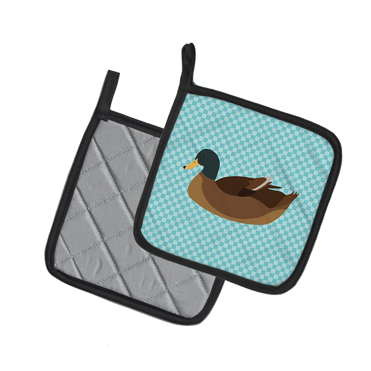 Khaki Campbell Duck Blue Check Pot Holder Set of 2 Heat Resistant Quilted Hot Pads 7.5 x 7.5 Inch, Insulated Kitchen Trivets for Cooking & Baking