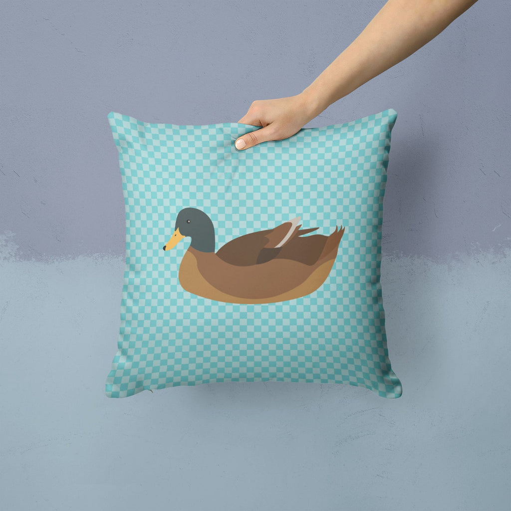 Khaki Campbell Duck Blue Check Decorative Throw Pillow 14x14 Indoor Outdoor Accent Cushion, Fabric Cover with Insert for Sofa, Bed, Porch & Living Room
