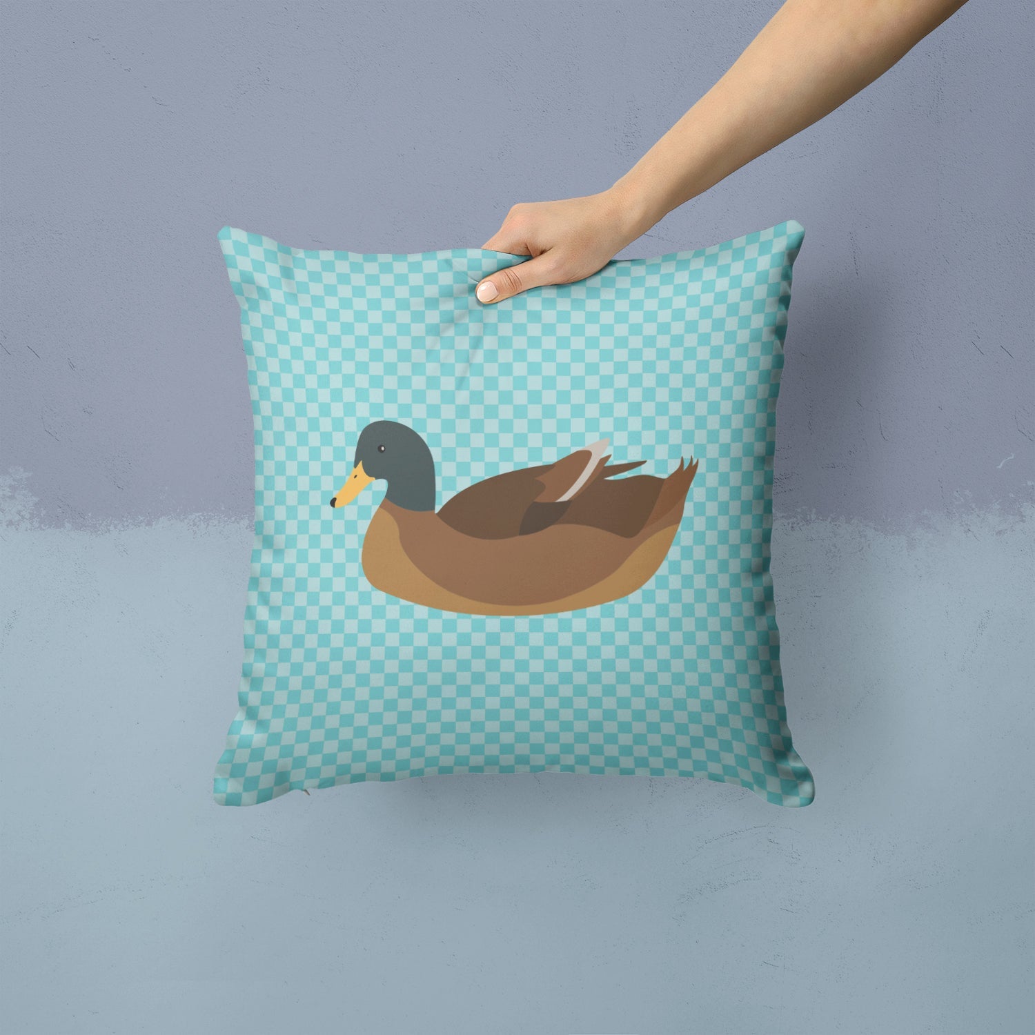 Khaki Campbell Duck Blue Check Decorative Throw Pillow 14x14 Indoor Outdoor Accent Cushion, Fabric Cover with Insert for Sofa, Bed, Porch & Living Room