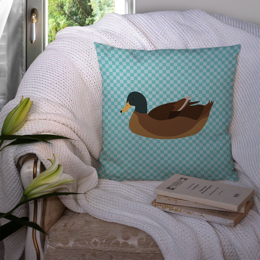 Khaki Campbell Duck Blue Check Decorative Throw Pillow 14x14 Indoor Outdoor Accent Cushion, Fabric Cover with Insert for Sofa, Bed, Porch & Living Room