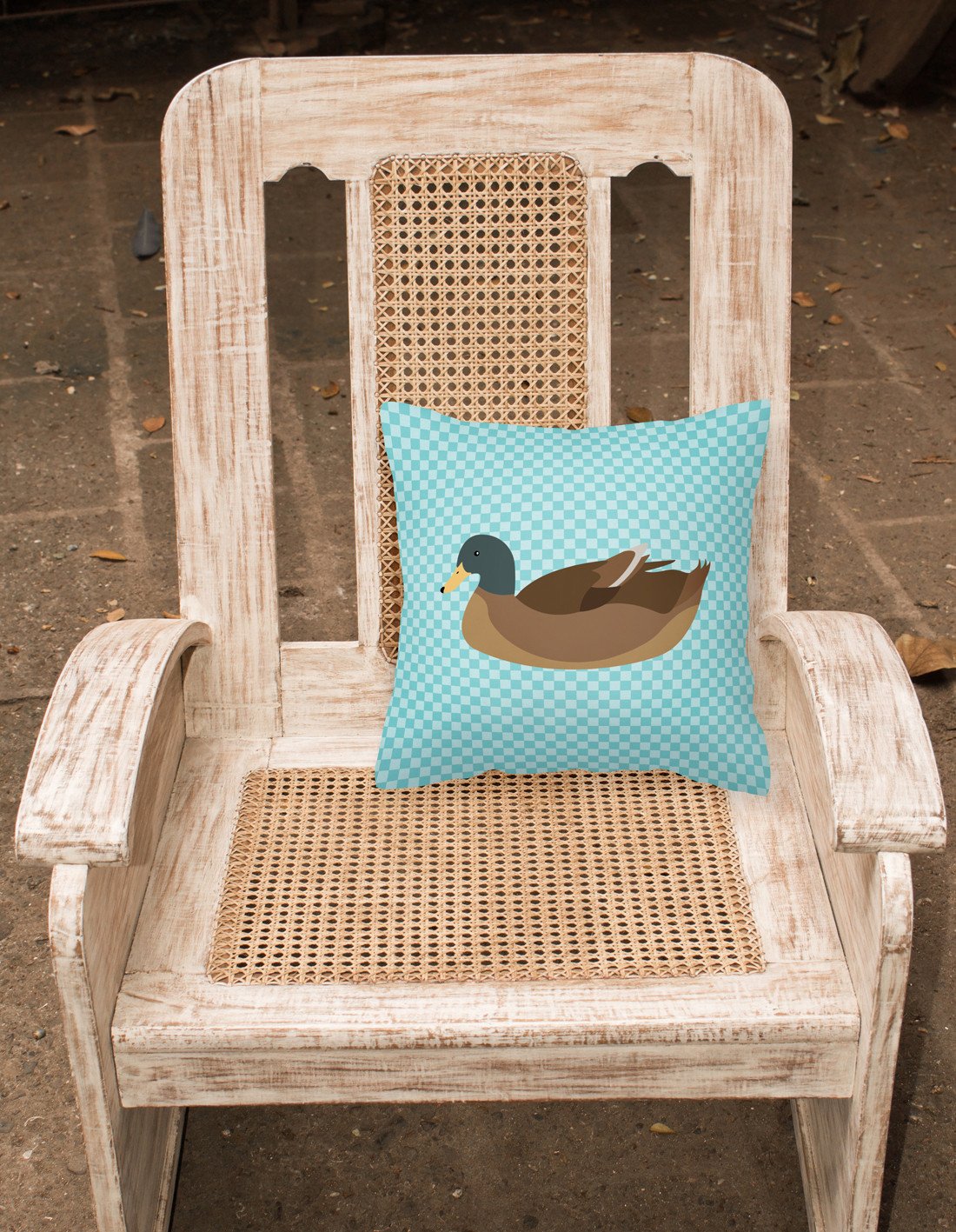 Khaki Campbell Duck Blue Check Decorative Throw Pillow 18x18 Indoor Outdoor Accent Cushion, Fabric Cover with Insert for Sofa, Bed, Porch & Living Room