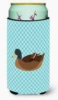 Khaki Campbell Duck Blue Check Tall Boy Hugger Can Cooler Sleeve Machine Washable Drink Collapsible Insulator Beverage Insulated Holder