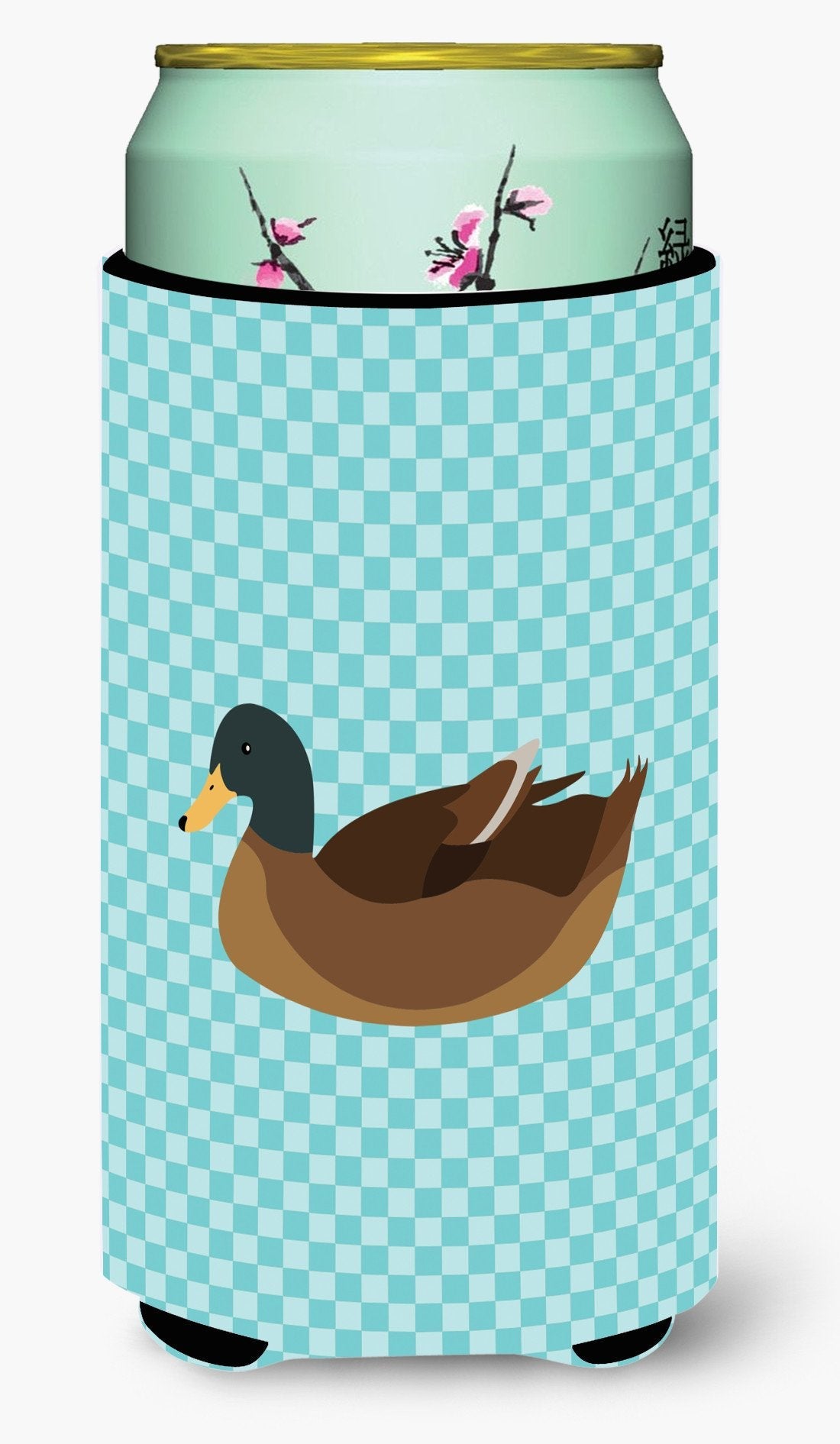 Khaki Campbell Duck Blue Check Tall Boy Hugger Can Cooler Sleeve Machine Washable Drink Collapsible Insulator Beverage Insulated Holder