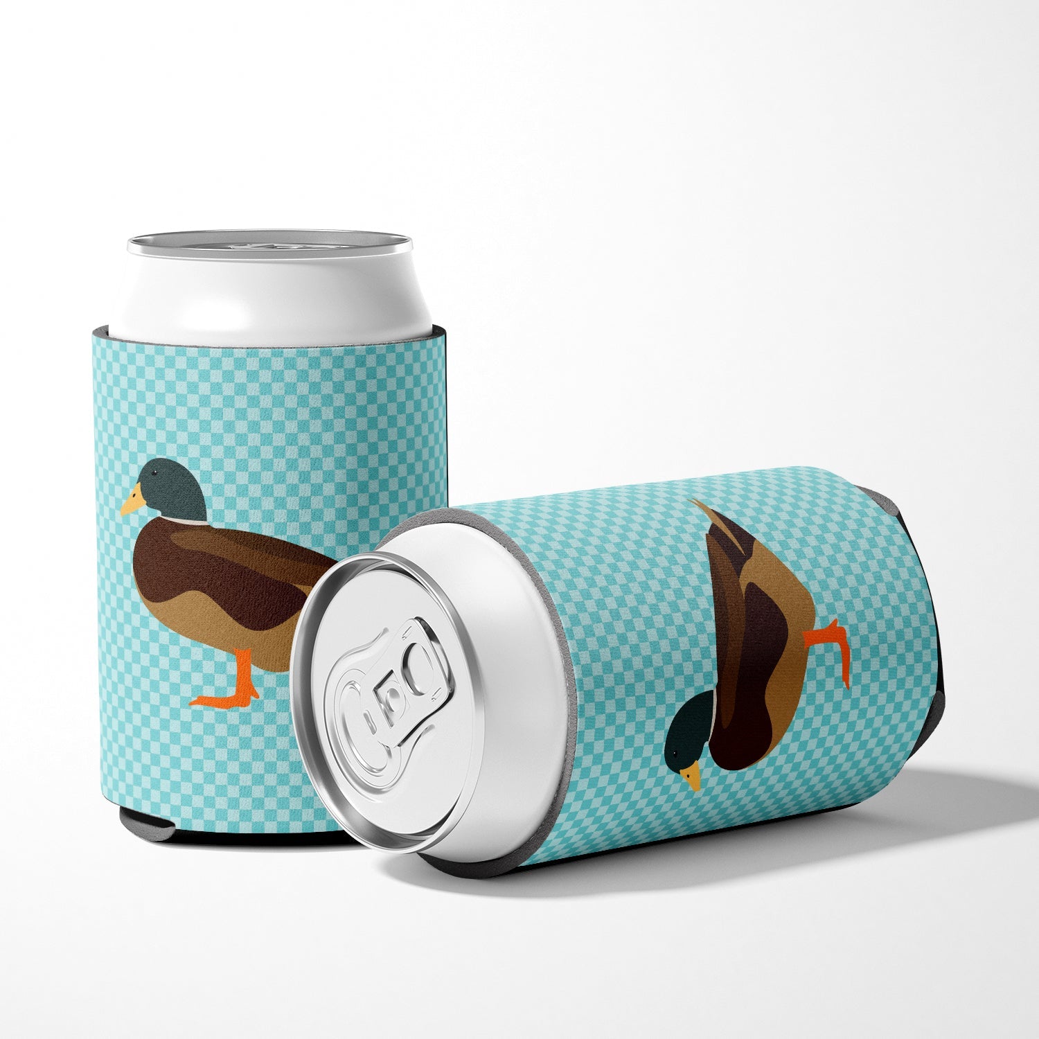 Silver Bantam Duck Blue Check Can or Bottle Hugger Cooler Sleeve for Standard 12 oz Cans, Insulated Foam Beer & Soda Can Hugger Reusable