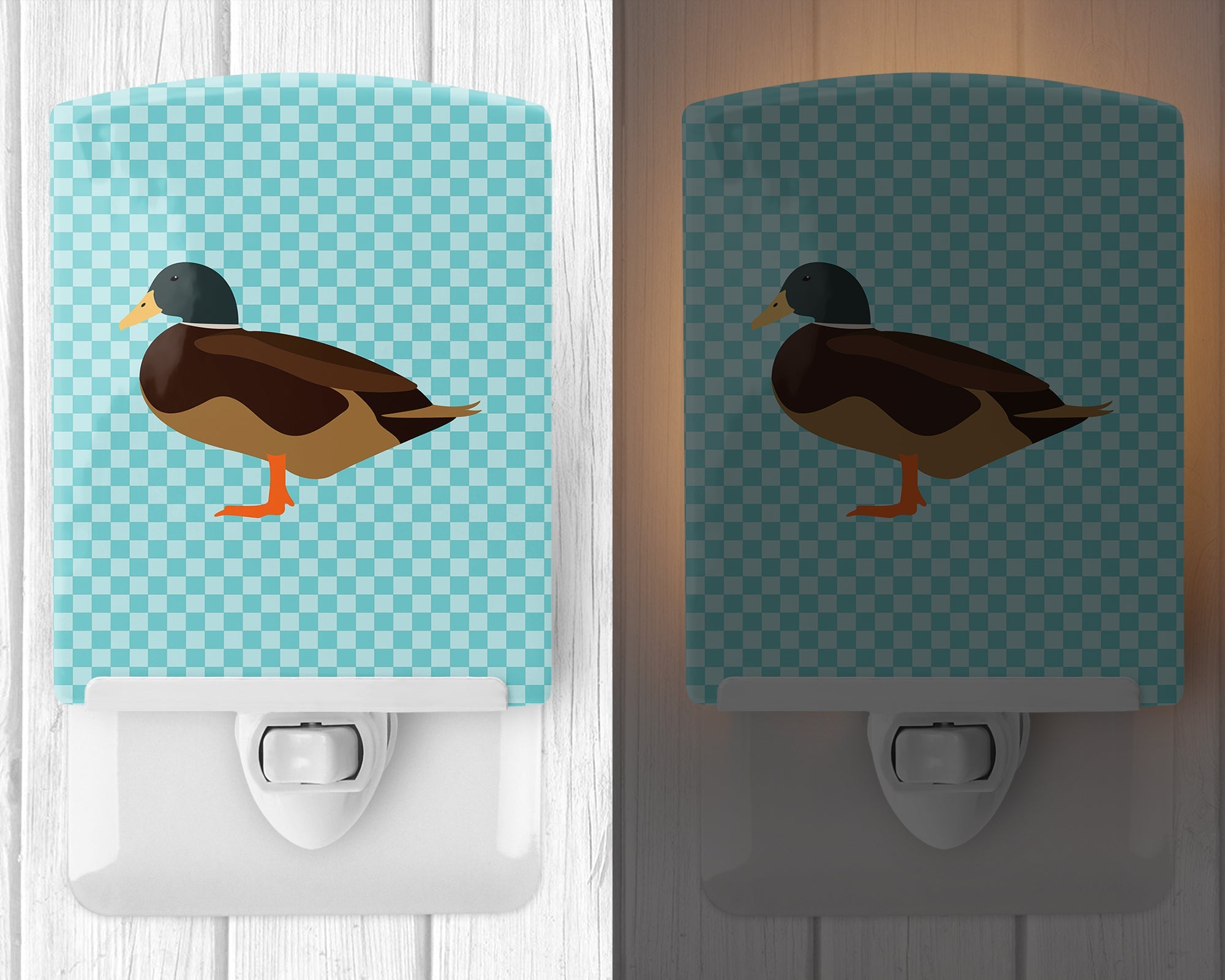 Silver Bantam Duck Blue Check Ceramic Night Light Compact, UL-Certified, Ideal for Bedroom, Bathroom, Nursery, Hallway, Kitchen, 6x4x3, Multicolor