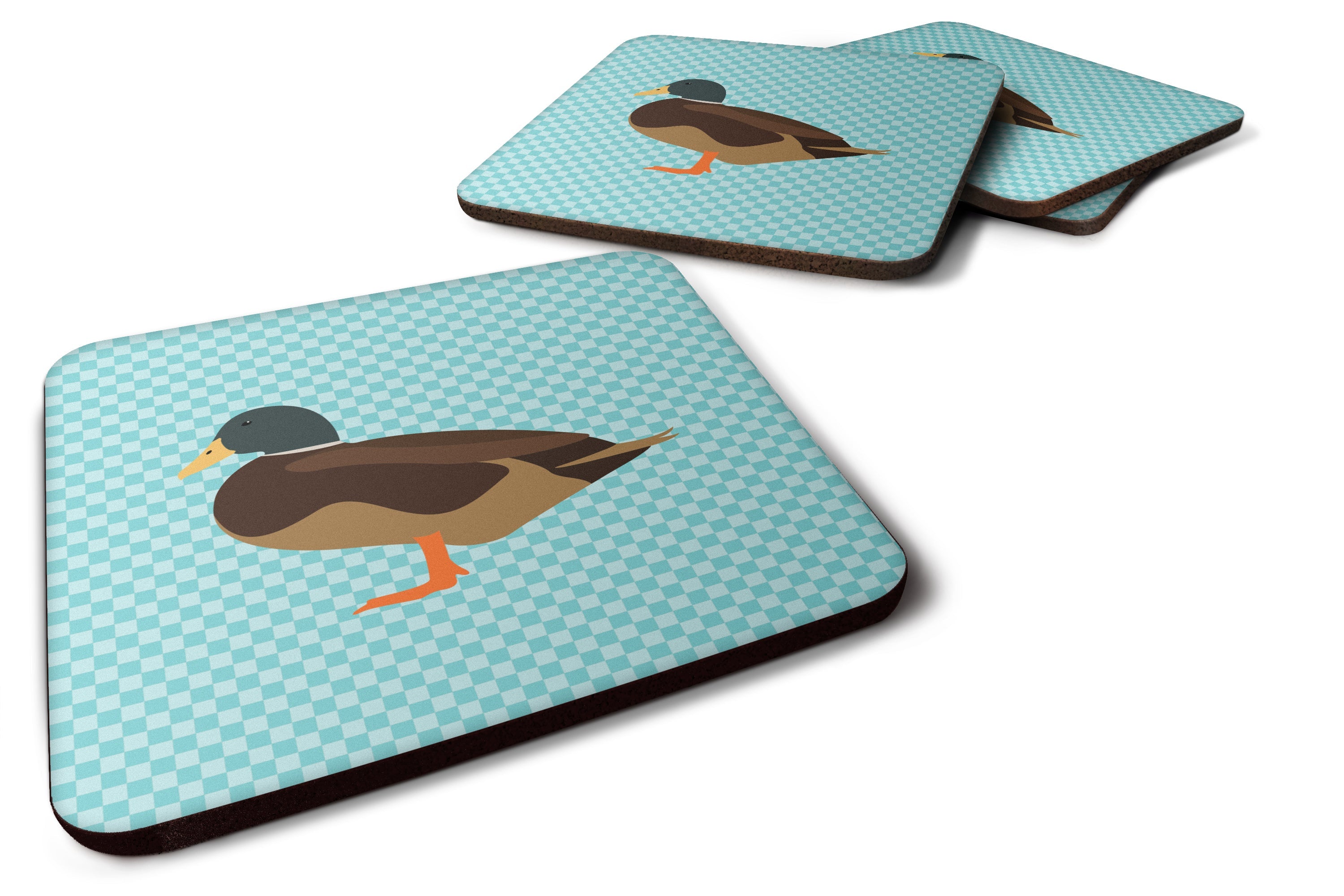 Silver Bantam Duck Blue Check Foam Coasters Set of 4 Cup Coasters for Indoor Outdoor, Tabletop Protection, Anti Slip, Mouse pad Material