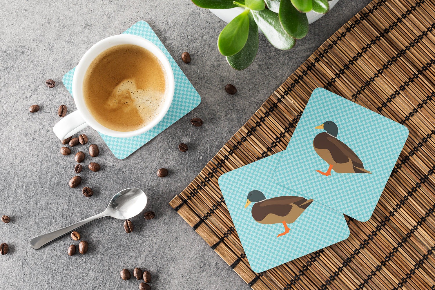 Silver Bantam Duck Blue Check Foam Coasters Set of 4 Cup Coasters for Indoor Outdoor, Tabletop Protection, Anti Slip, Mouse pad Material