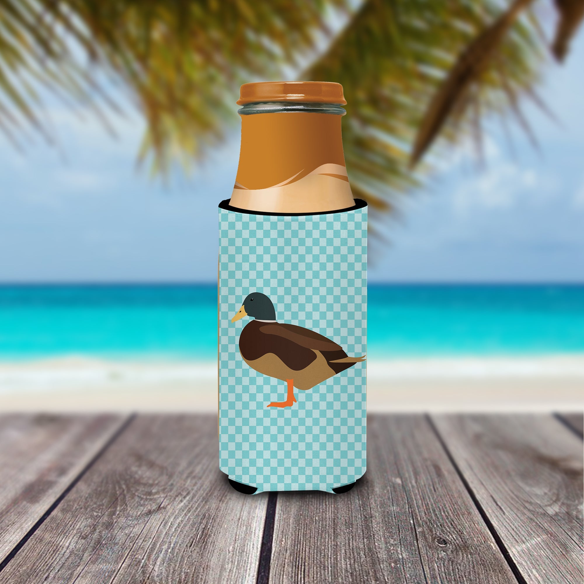 Silver Bantam Duck Blue Check Slim Can Hugger , Insulated Foam Hugger for 12 oz Slim Cans, Beer Bottles & Water Bottles, Printed in USA