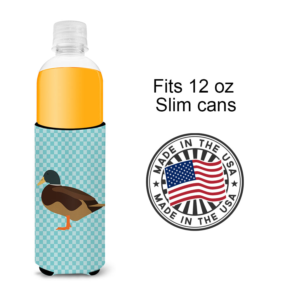 Silver Bantam Duck Blue Check Slim Can Hugger , Insulated Foam Hugger for 12 oz Slim Cans, Beer Bottles & Water Bottles, Printed in USA