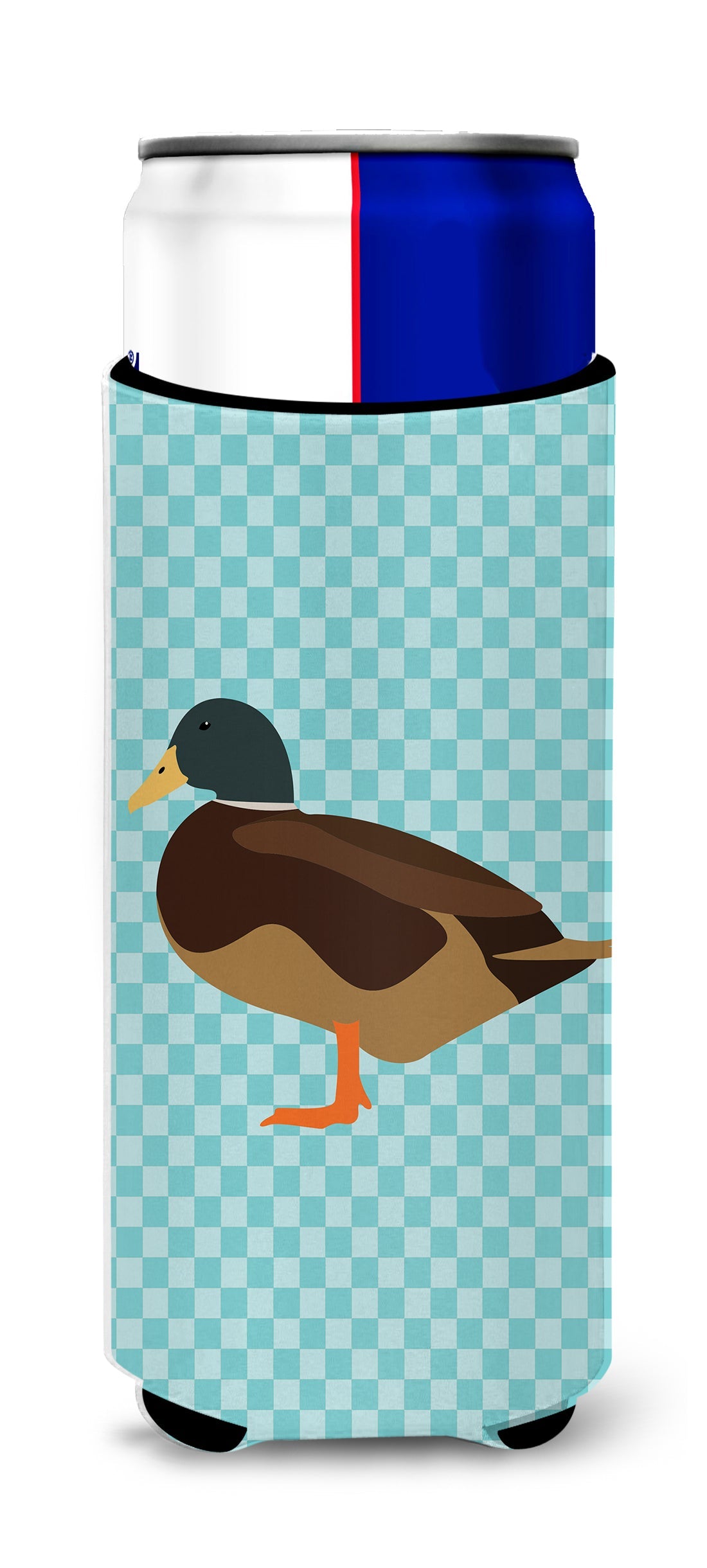 Silver Bantam Duck Blue Check Slim Can Hugger , Insulated Foam Hugger for 12 oz Slim Cans, Beer Bottles & Water Bottles, Printed in USA