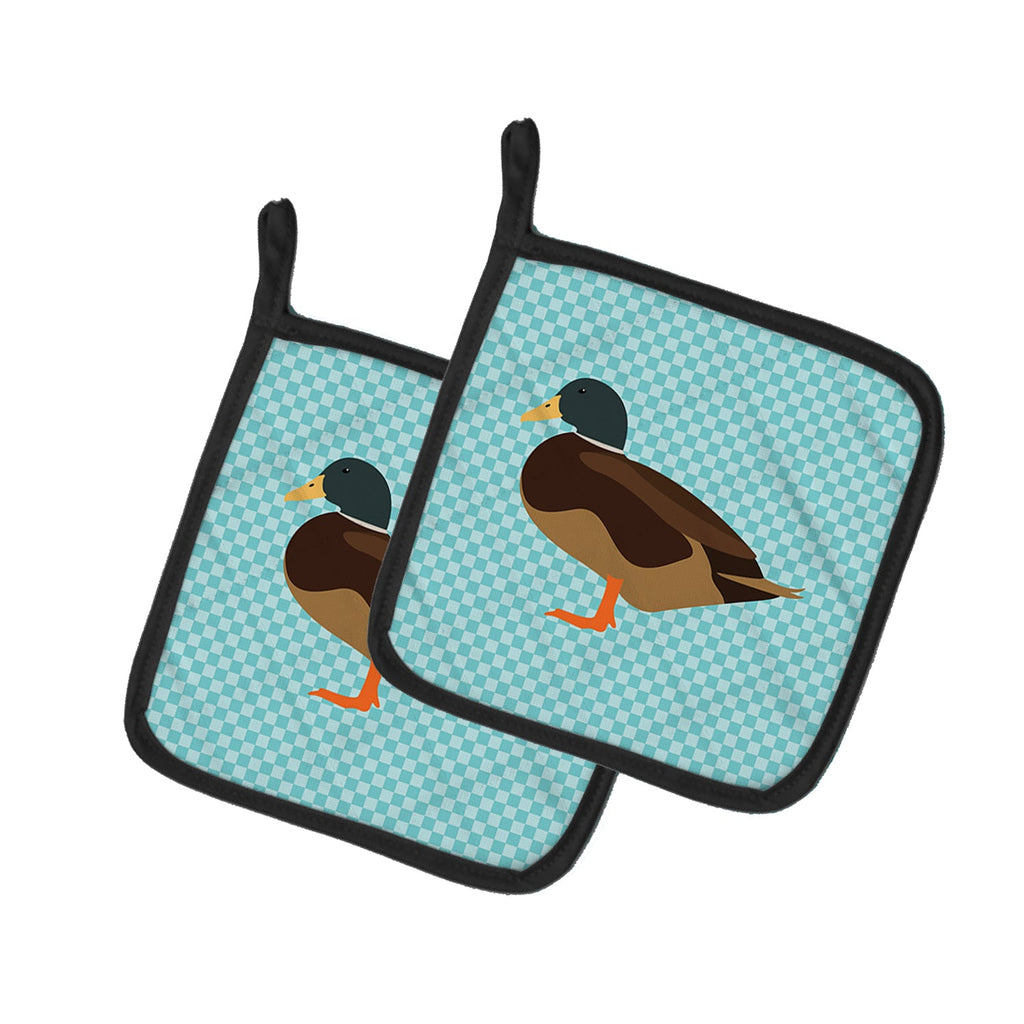 Silver Bantam Duck Blue Check Pot Holder Set of 2 Heat Resistant Quilted Hot Pads 7.5 x 7.5 Inch, Insulated Kitchen Trivets for Cooking & Baking