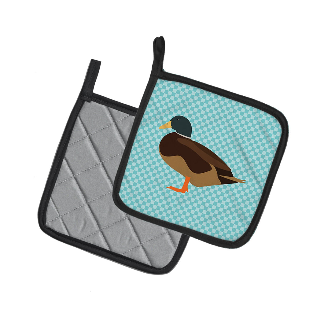 Silver Bantam Duck Blue Check Pot Holder Set of 2 Heat Resistant Quilted Hot Pads 7.5 x 7.5 Inch, Insulated Kitchen Trivets for Cooking & Baking
