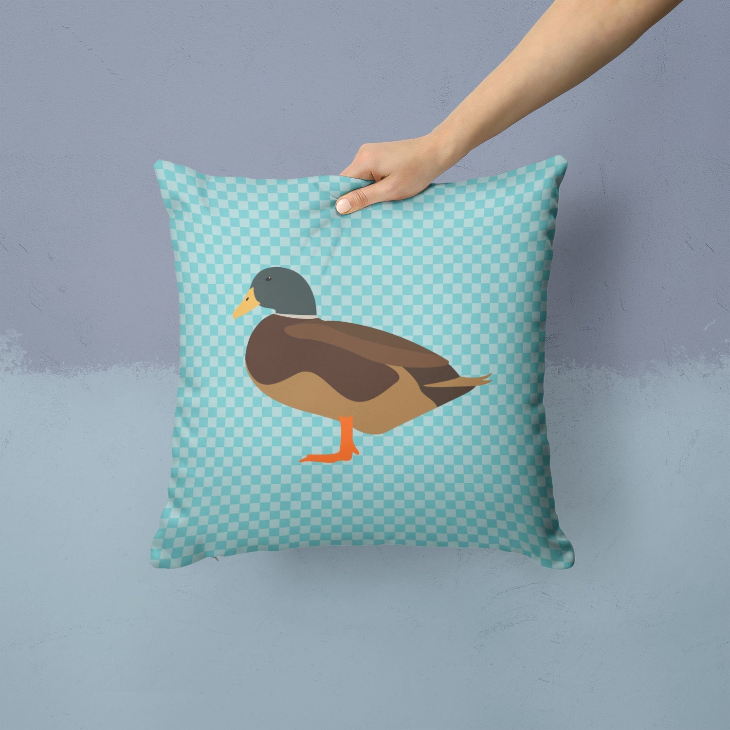 Silver Bantam Duck Blue Check Decorative Throw Pillow 14x14 Indoor Outdoor Accent Cushion, Fabric Cover with Insert for Sofa, Bed, Porch & Living Room