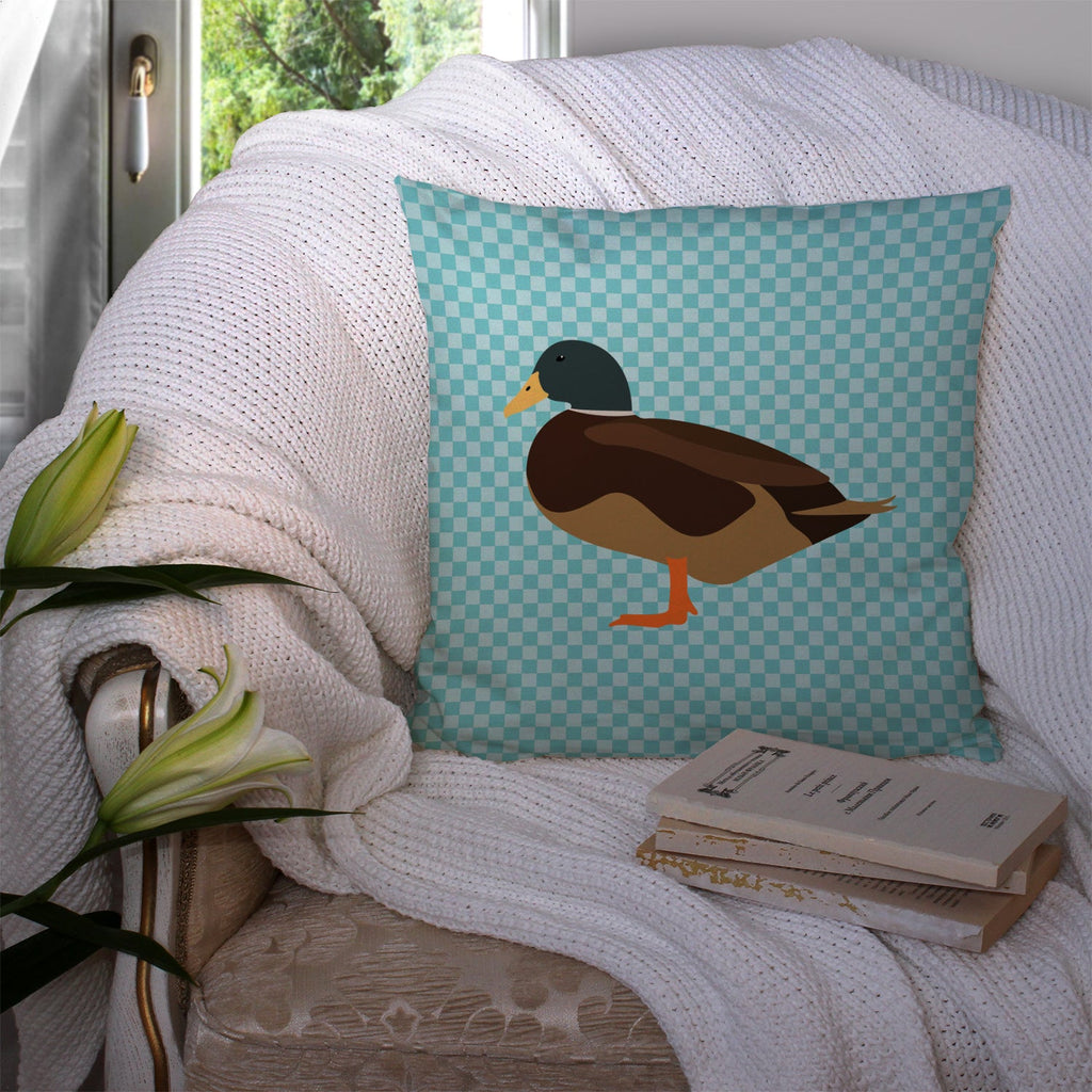 Silver Bantam Duck Blue Check Decorative Throw Pillow 14x14 Indoor Outdoor Accent Cushion, Fabric Cover with Insert for Sofa, Bed, Porch & Living Room