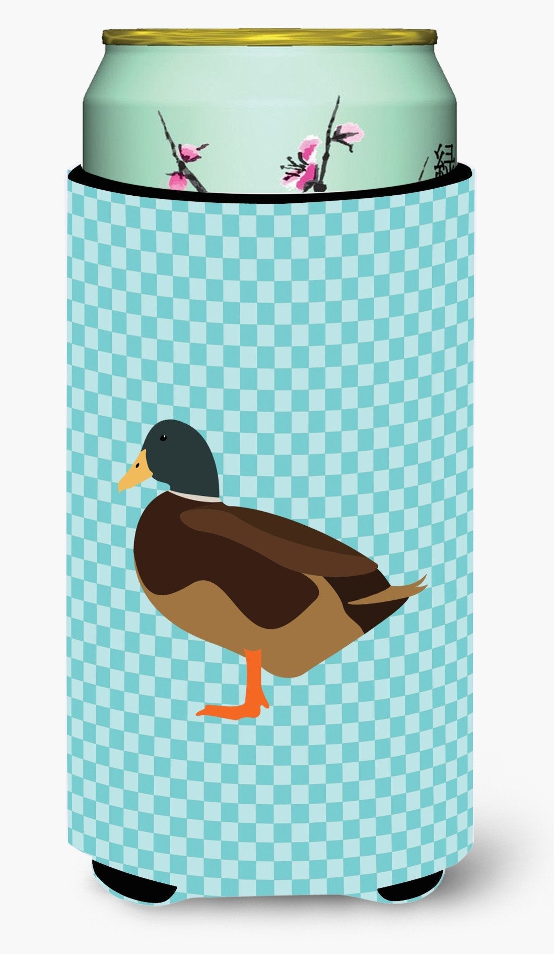Silver Bantam Duck Blue Check Tall Boy Hugger Can Cooler Sleeve Machine Washable Drink Collapsible Insulator Beverage Insulated Holder
