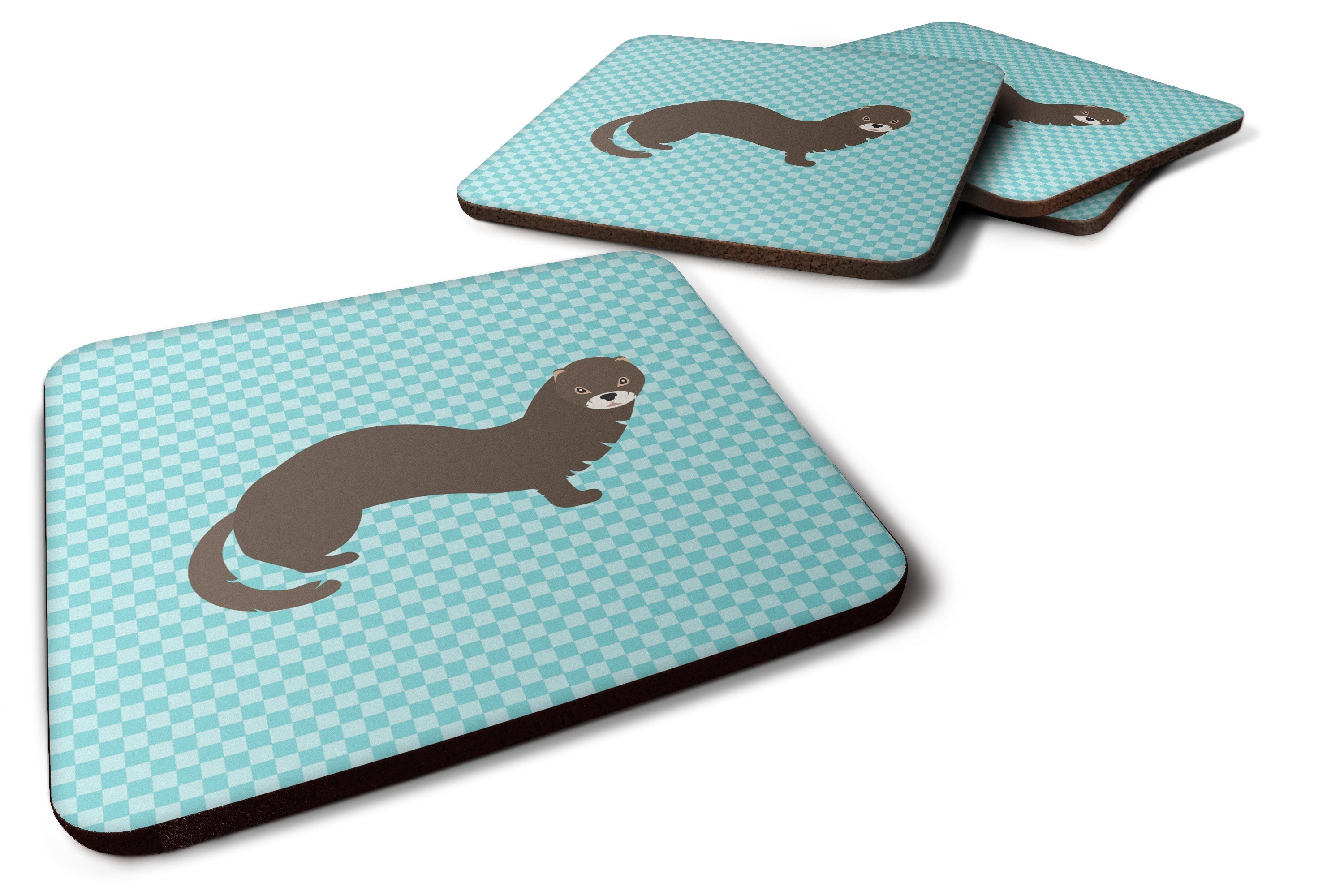 Russian or European Mink Blue Check Foam Coasters Set of 4 Cup Coasters for Indoor Outdoor, Tabletop Protection, Anti Slip, Mouse pad Material