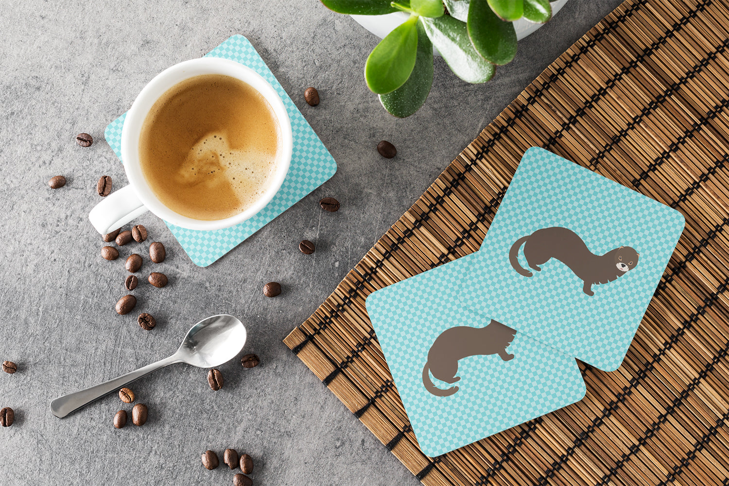 Russian or European Mink Blue Check Foam Coasters Set of 4 Cup Coasters for Indoor Outdoor, Tabletop Protection, Anti Slip, Mouse pad Material