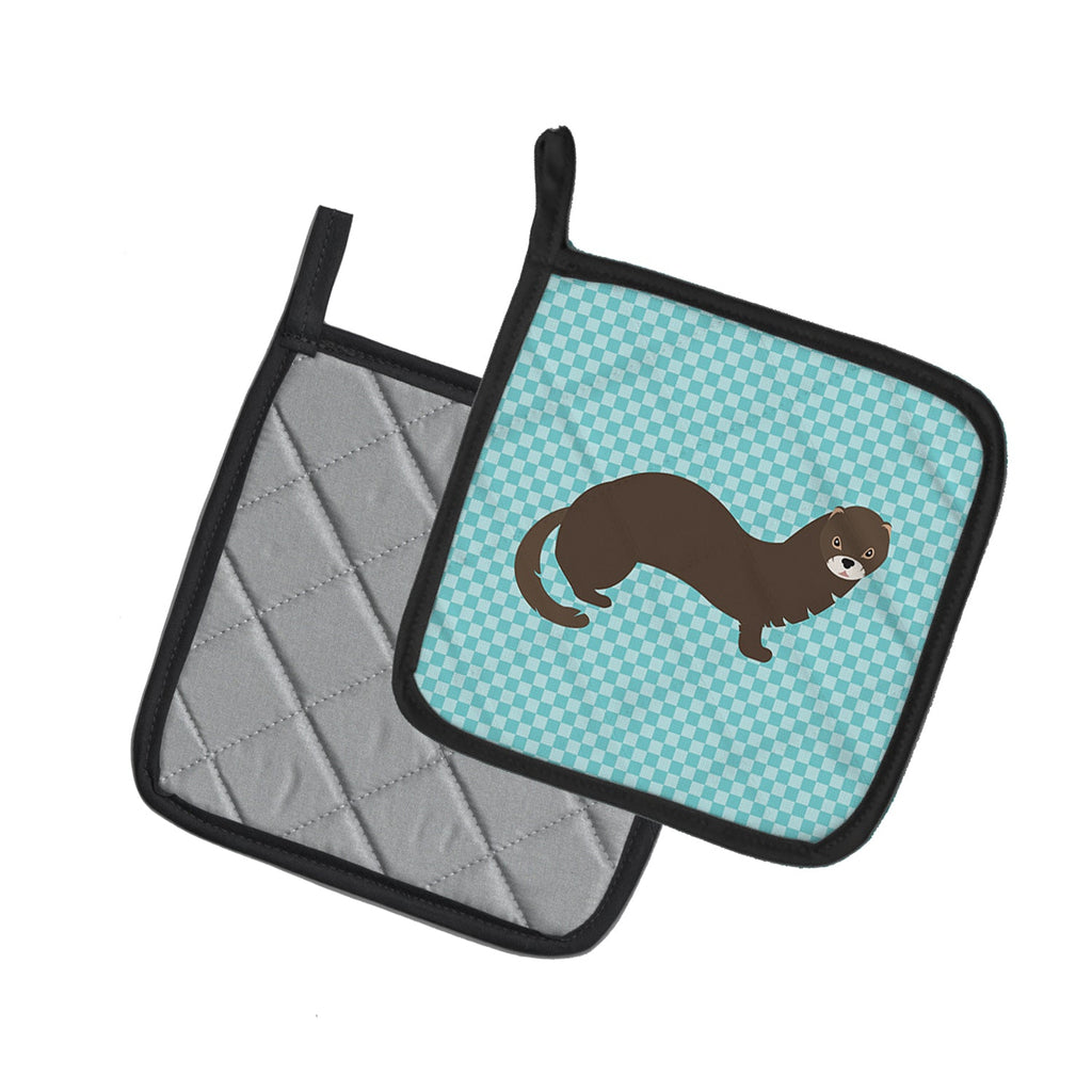 Russian or European Mink Blue Check Pot Holder Set of 2 Heat Resistant Quilted Hot Pads 7.5 x 7.5 Inch, Insulated Kitchen Trivets for Cooking & Baking