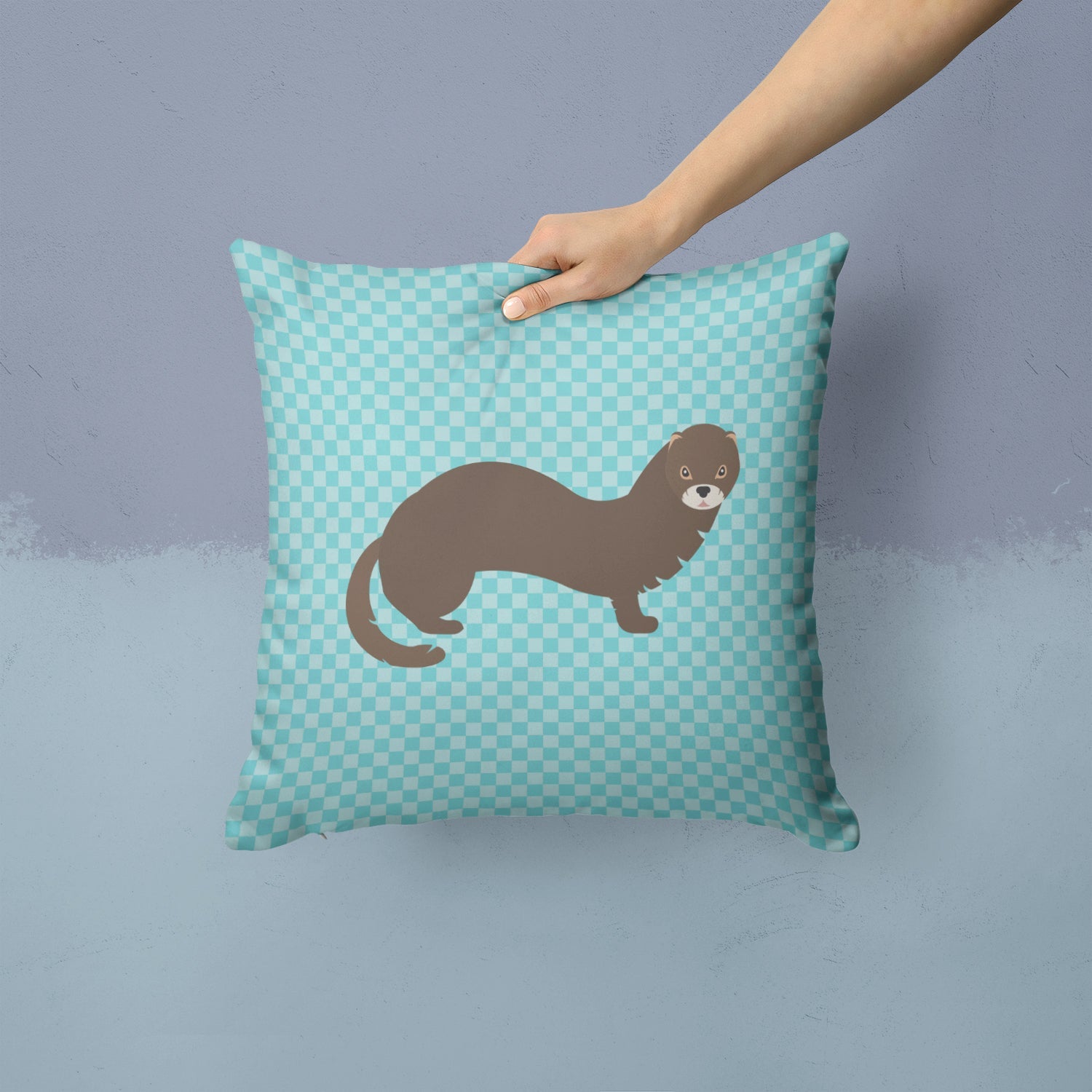 Russian or European Mink Blue Check Decorative Throw Pillow 14x14 Indoor Outdoor Accent Cushion, Fabric Cover with Insert for Sofa, Bed, Porch & Living Room