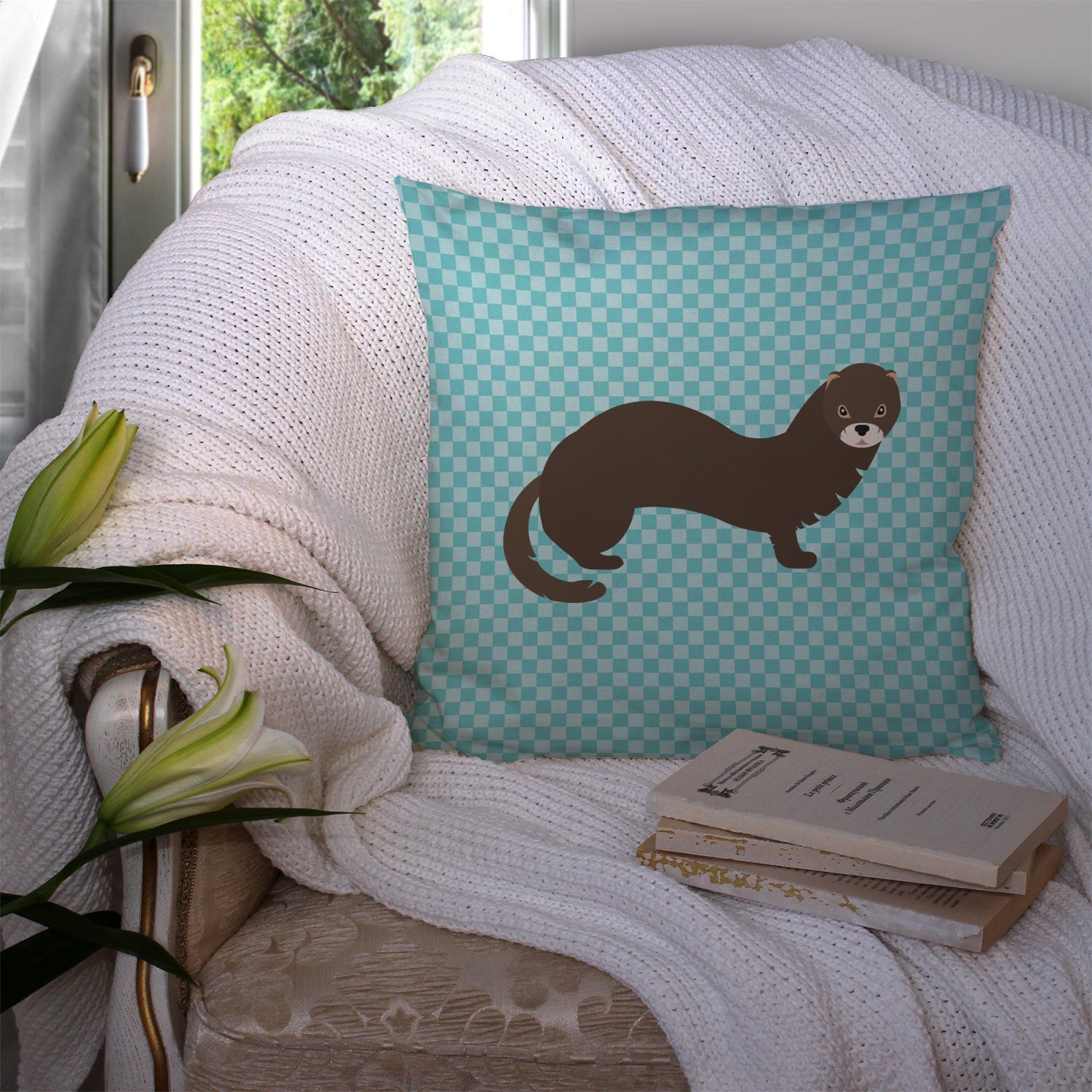 Russian or European Mink Blue Check Decorative Throw Pillow 14x14 Indoor Outdoor Accent Cushion, Fabric Cover with Insert for Sofa, Bed, Porch & Living Room