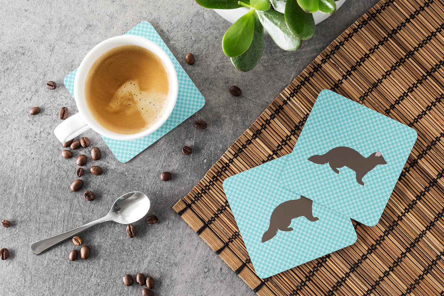 Sable Marten Blue Check Foam Coasters Set of 4 Cup Coasters for Indoor Outdoor, Tabletop Protection, Anti Slip, Mouse pad Material