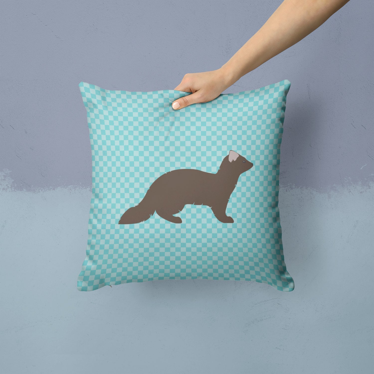 Sable Marten Blue Check Decorative Throw Pillow 14x14 Indoor Outdoor Accent Cushion, Fabric Cover with Insert for Sofa, Bed, Porch & Living Room