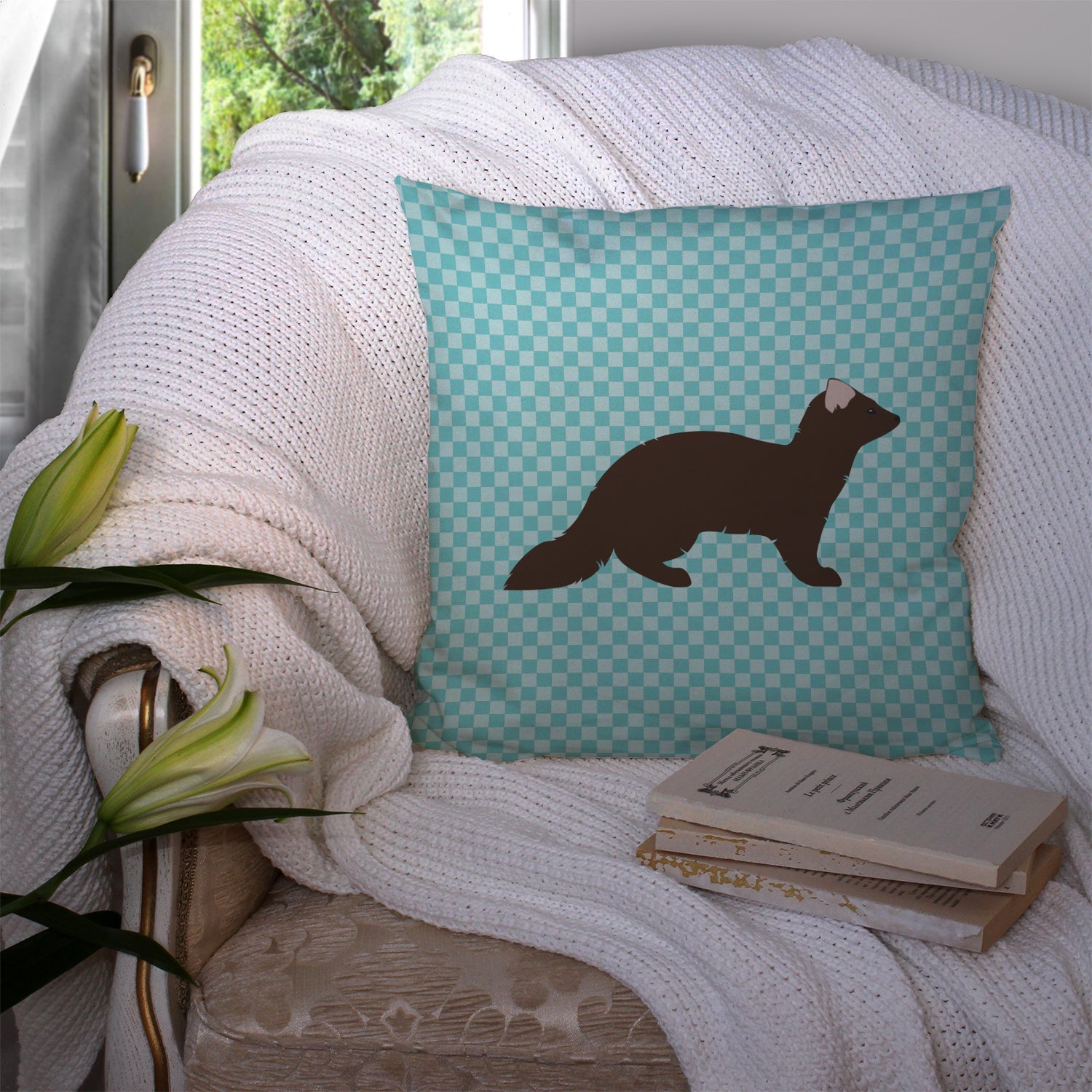 Sable Marten Blue Check Decorative Throw Pillow 14x14 Indoor Outdoor Accent Cushion, Fabric Cover with Insert for Sofa, Bed, Porch & Living Room
