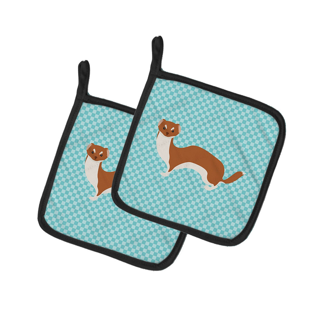 Weasel Blue Check Pot Holder Set of 2 Heat Resistant Quilted Hot Pads 7.5 x 7.5 Inch, Insulated Kitchen Trivets for Cooking & Baking