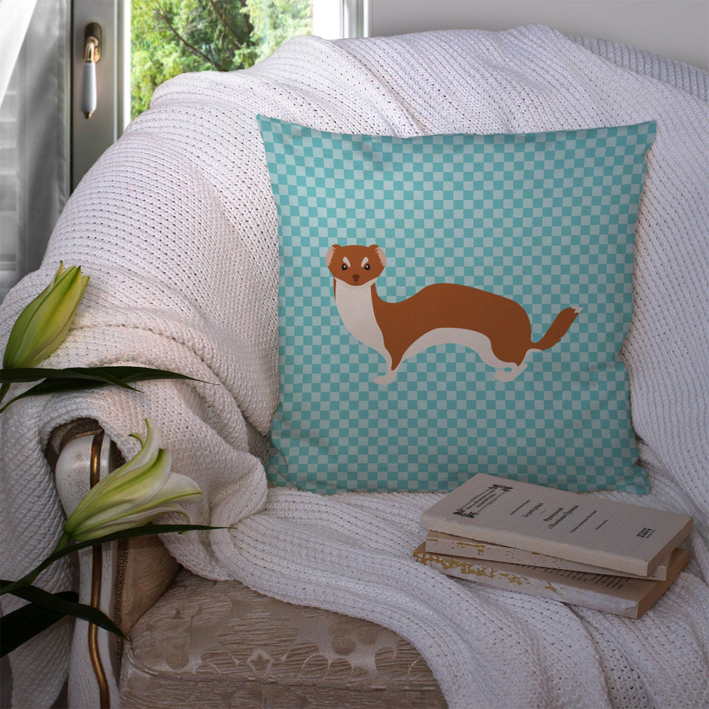 Weasel Blue Check Decorative Throw Pillow 14x14 Indoor Outdoor Accent Cushion, Fabric Cover with Insert for Sofa, Bed, Porch & Living Room