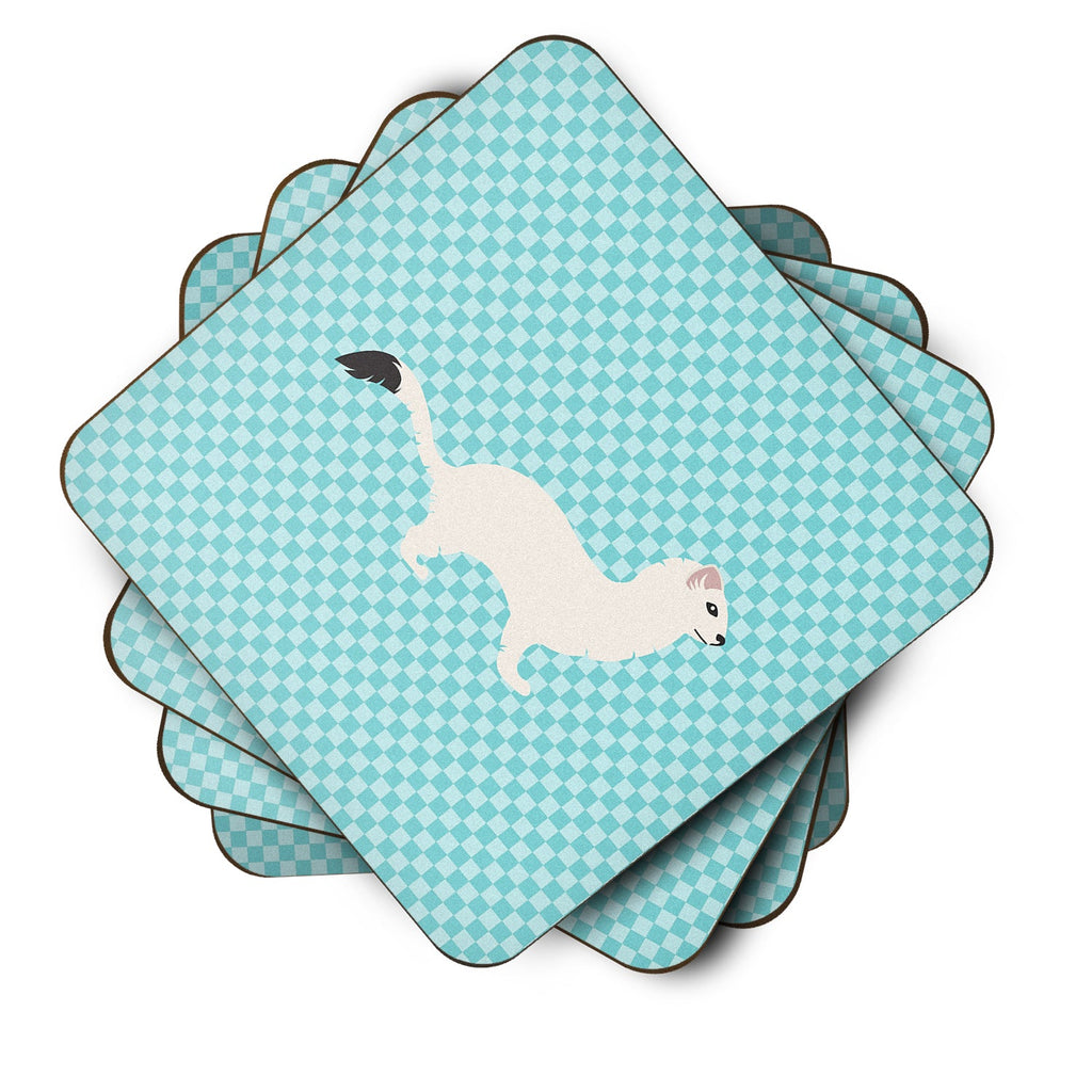 Stoat Short-tailed Weasel Blue Check Foam Coasters Set of 4 Cup Coasters for Indoor Outdoor, Tabletop Protection, Anti Slip, Mouse pad Material