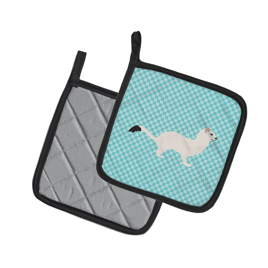 Stoat Short-tailed Weasel Blue Check Pot Holder Set of 2 Heat Resistant Quilted Hot Pads 7.5 x 7.5 Inch, Insulated Kitchen Trivets for Cooking & Baking