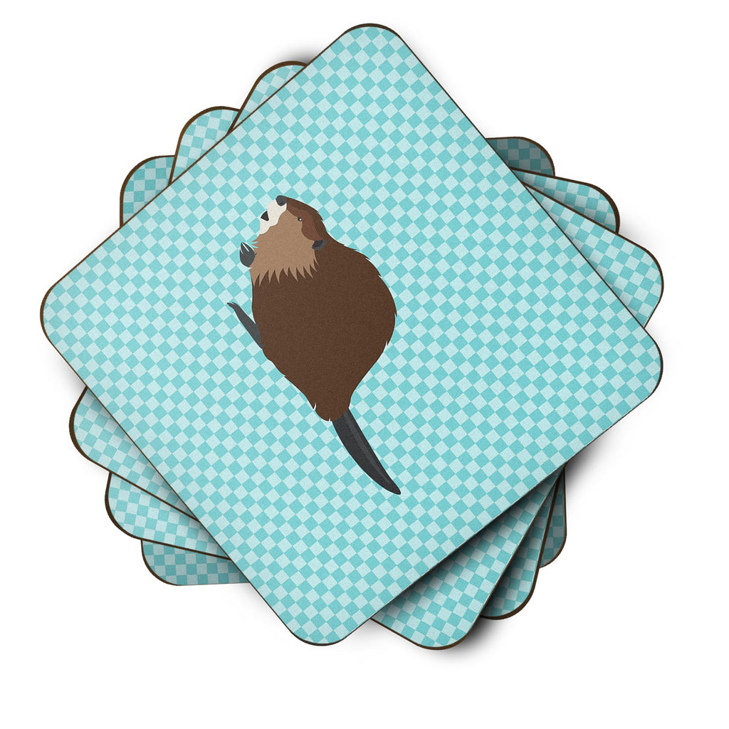 Eurasian Beaver Blue Check Foam Coasters Set of 4 Cup Coasters for Indoor Outdoor, Tabletop Protection, Anti Slip, Mouse pad Material