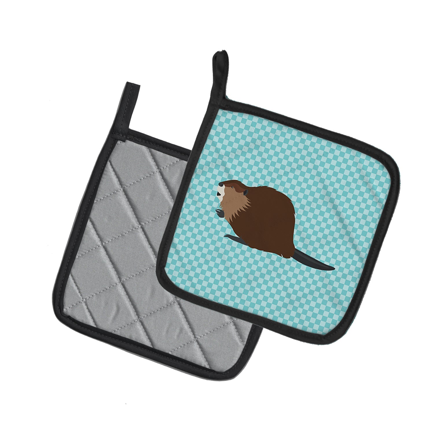 Eurasian Beaver Blue Check Pot Holder Set of 2 Heat Resistant Quilted Hot Pads 7.5 x 7.5 Inch, Insulated Kitchen Trivets for Cooking & Baking