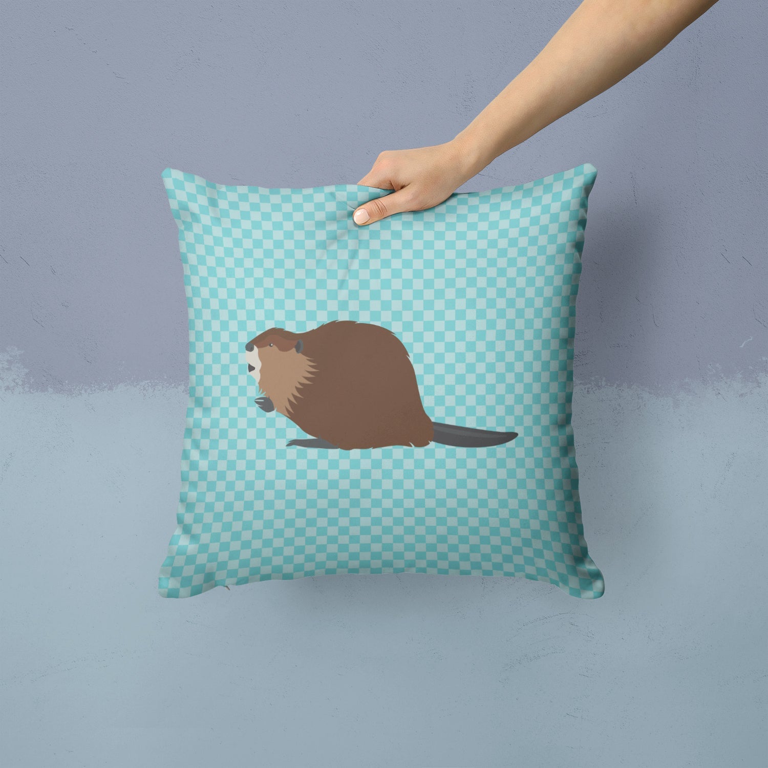 Eurasian Beaver Blue Check Decorative Throw Pillow 14x14 Indoor Outdoor Accent Cushion, Fabric Cover with Insert for Sofa, Bed, Porch & Living Room
