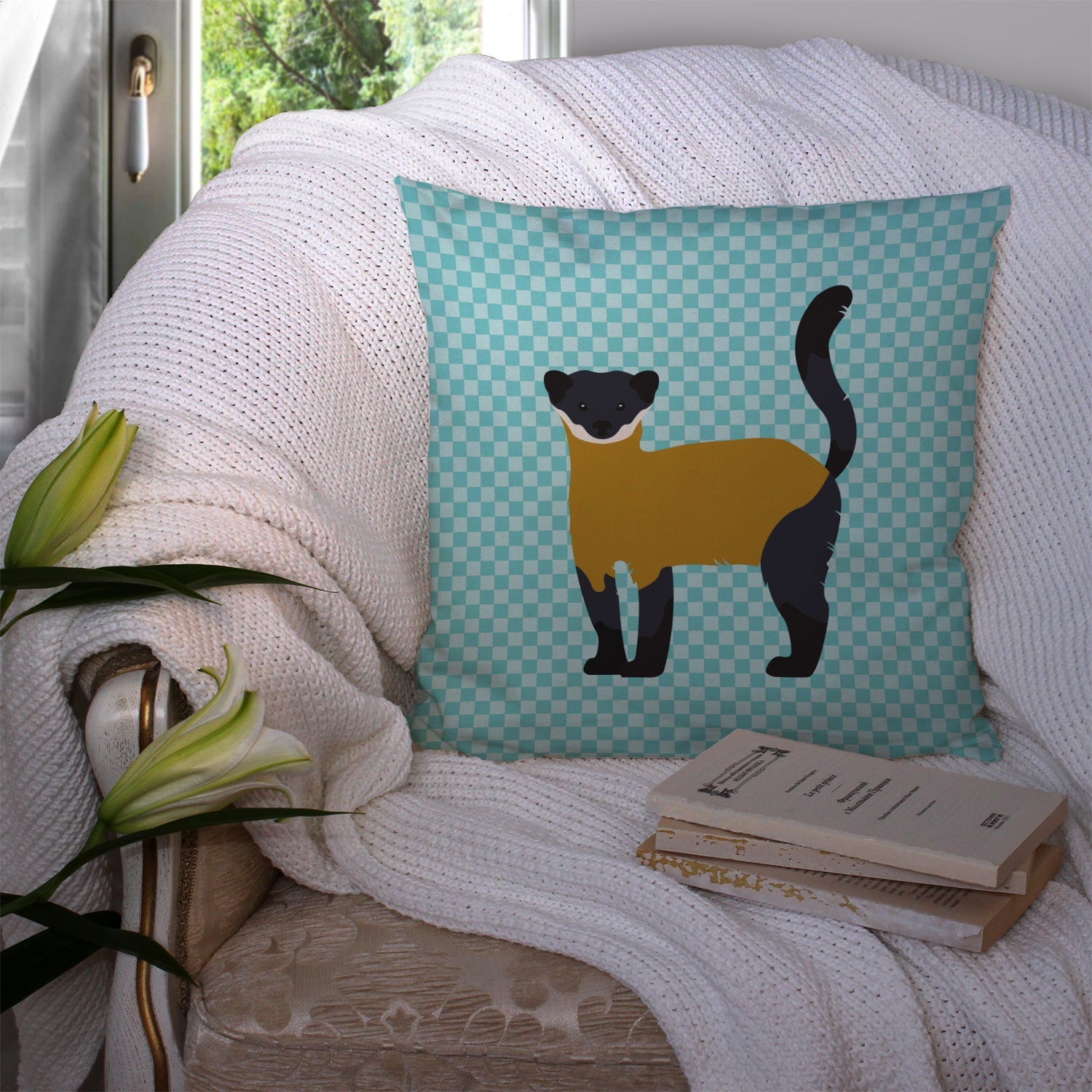 Yellow-Throated Marten Blue Check Decorative Throw Pillow 14x14 Indoor Outdoor Accent Cushion, Fabric Cover with Insert for Sofa, Bed, Porch & Living Room