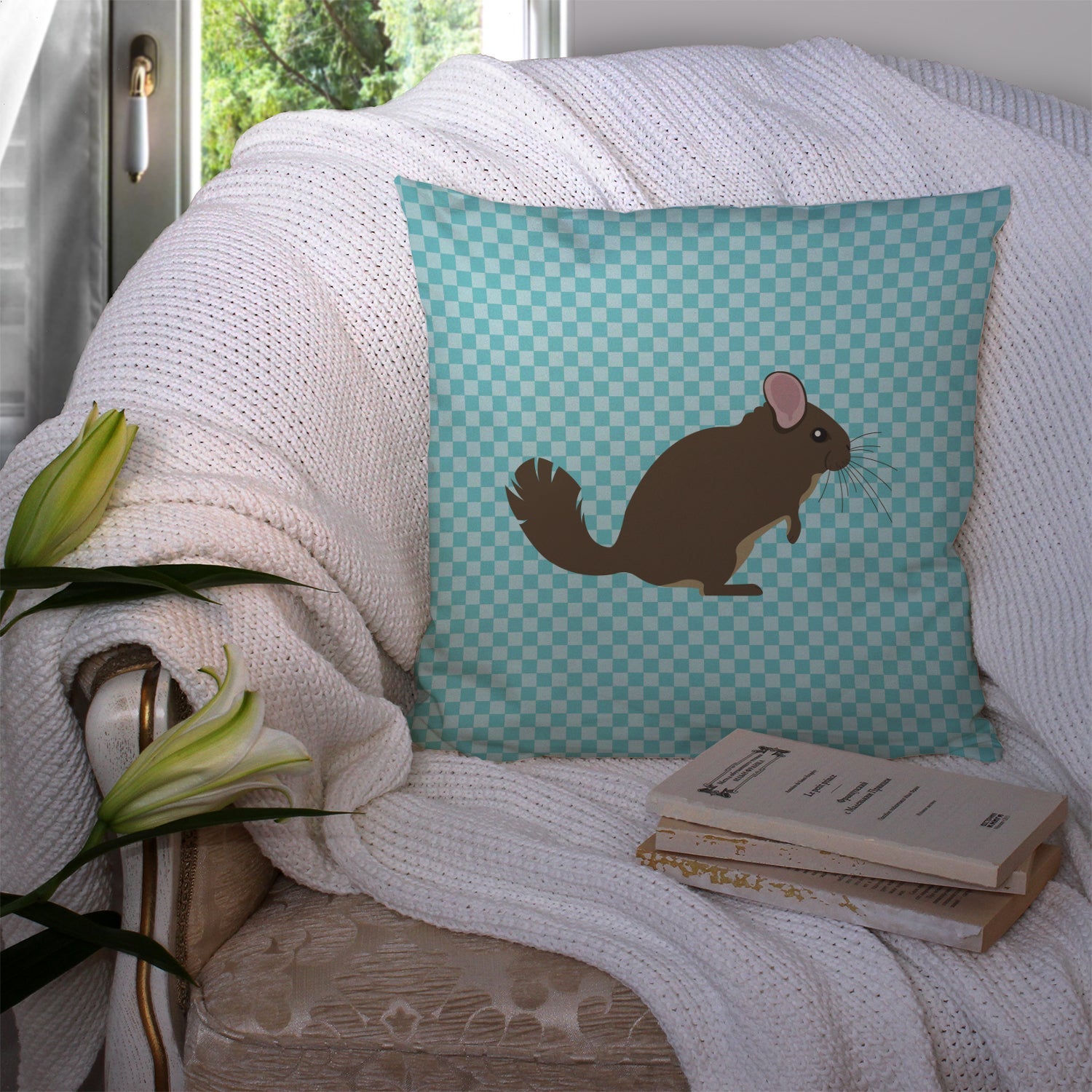 Chinchilla Blue Check Decorative Throw Pillow 14x14 Indoor Outdoor Accent Cushion, Fabric Cover with Insert for Sofa, Bed, Porch & Living Room